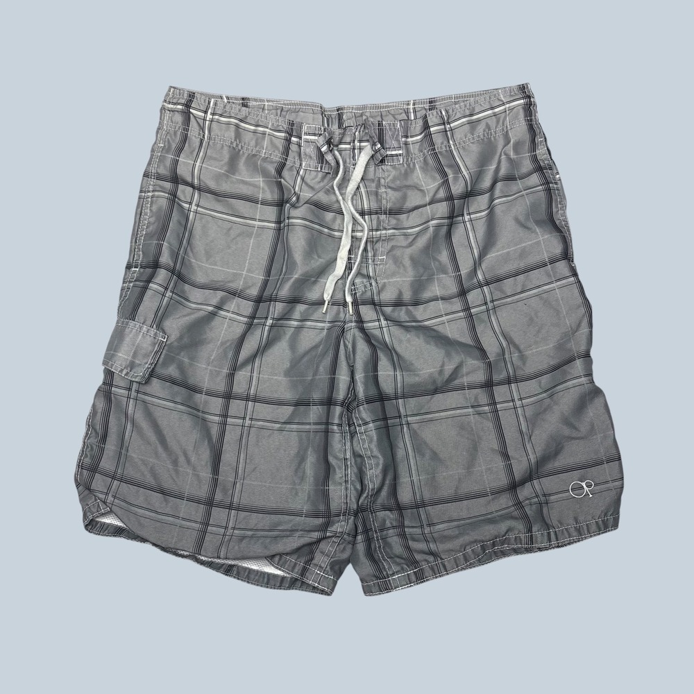 Ocean Pacific Mens Grey Plaid Board Shorts Cargo Pocket Swim Trunks Size M 32-34